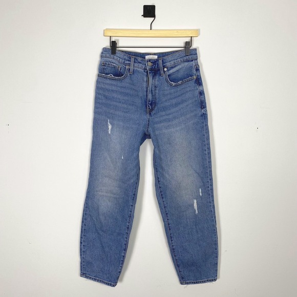 Evereve Denim - Evereve High Rise Distressed Straight Leg Jeans Size 28‎ Blue Cotton Blend